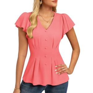 GRACE KARIN Summer Blouses for Women Dressy Casual, 2026 Ruffle Sleeve Peplum Tops, Business Work Shirt Fashioin Clothing(Coral)