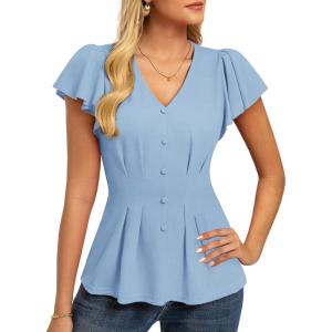 GRACE KARIN Summer Blouses for Women Dressy Casual, 2026 Ruffle Sleeve Peplum Tops, Business Work Shirt Fashioin Clothing(Light Blue)
