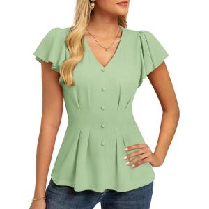 GRACE KARIN Summer Blouses for Women Dressy Casual, 2026 Ruffle Sleeve Peplum Tops, Business Work Shirt Fashioin Clothing(Light Green)