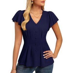 GRACE KARIN Summer Blouses for Women Dressy Casual, 2026 Ruffle Sleeve Peplum Tops, Business Work Shirt Fashioin Clothing(Navy Blue)
