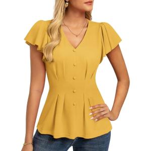 GRACE KARIN Summer Blouses for Women Dressy Casual, 2026 Ruffle Sleeve Peplum Tops, Business Work Shirt Fashioin Clothing(Yellow)