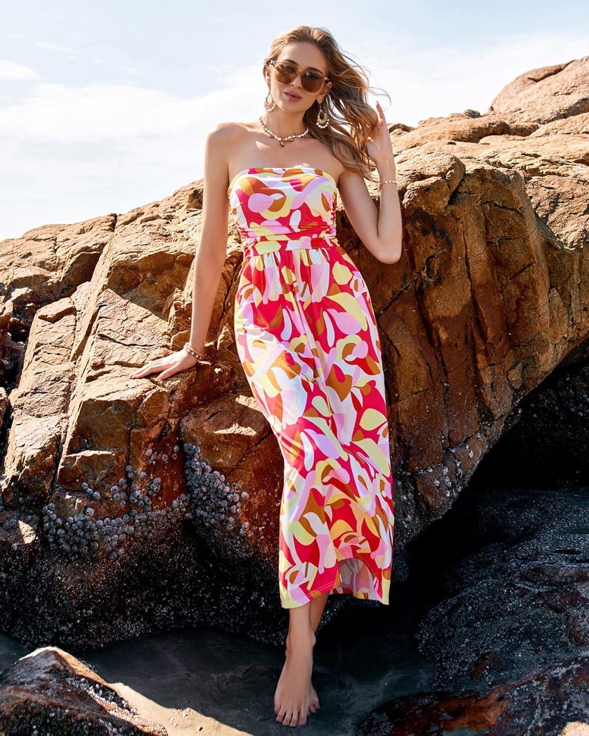 imageGRACE KARIN Women Strapless Dress Casual Loose Ruched Long Maxi Dress with PocketsYellow Pink