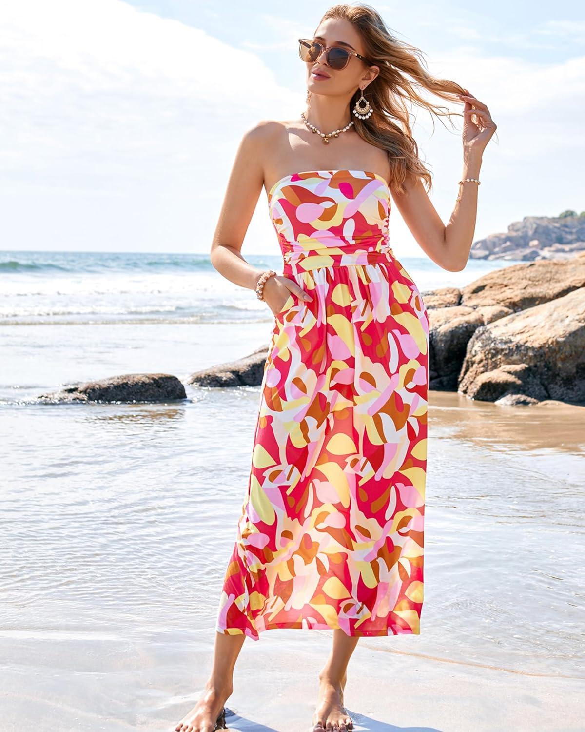 imageGRACE KARIN Women Strapless Dress Casual Loose Ruched Long Maxi Dress with PocketsYellow Pink