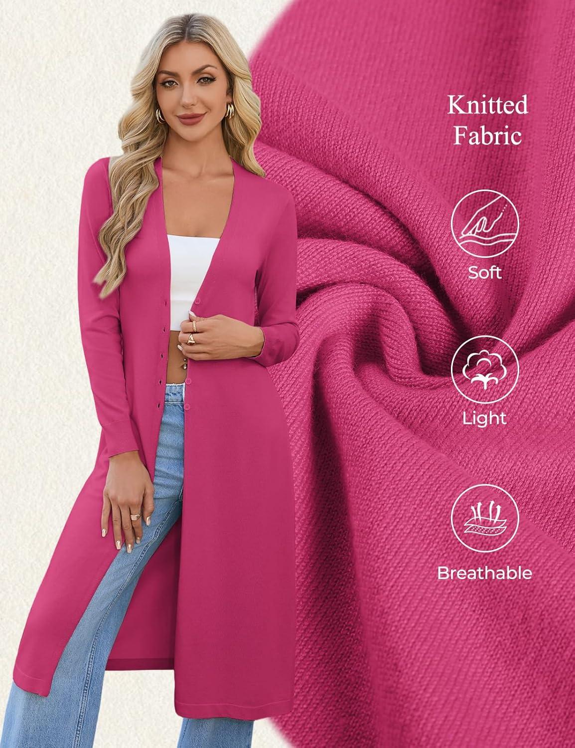 imageGRACE KARIN Womens Long Cardigan Trendy Lightweight Knit Dusters Coat V Neck Button Up Sweater Maxi DressRose Red