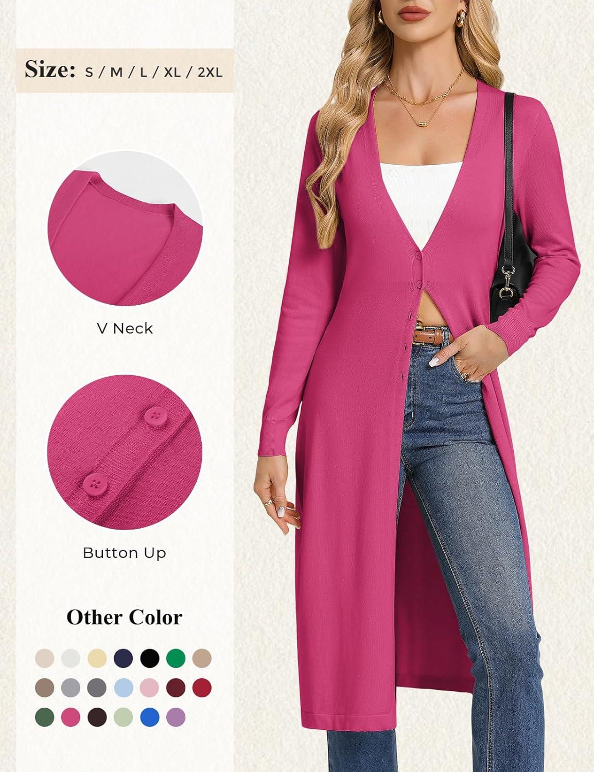 imageGRACE KARIN Womens Long Cardigan Trendy Lightweight Knit Dusters Coat V Neck Button Up Sweater Maxi DressRose Red