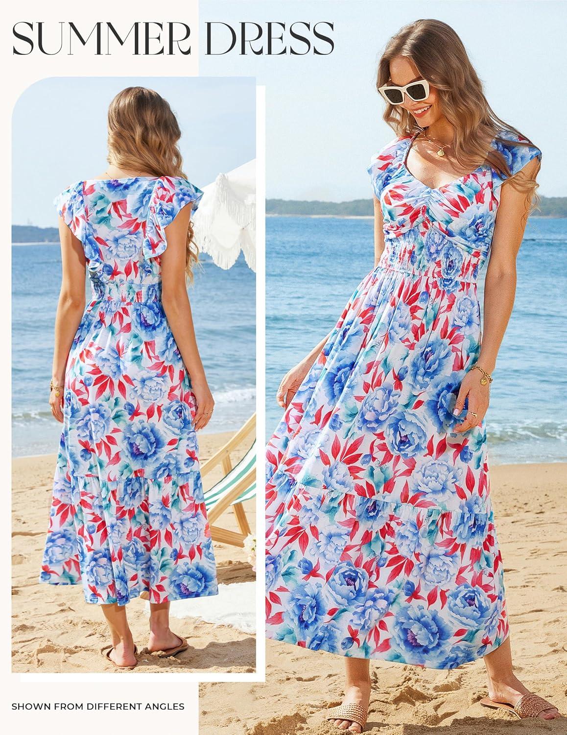 imageGRACE KARIN Summer Floral Maxi Dress for Women 2026 Flowy Wedding Guest Dresses Ruffle Sleeve Smocked Sundress with PocketBlue Red