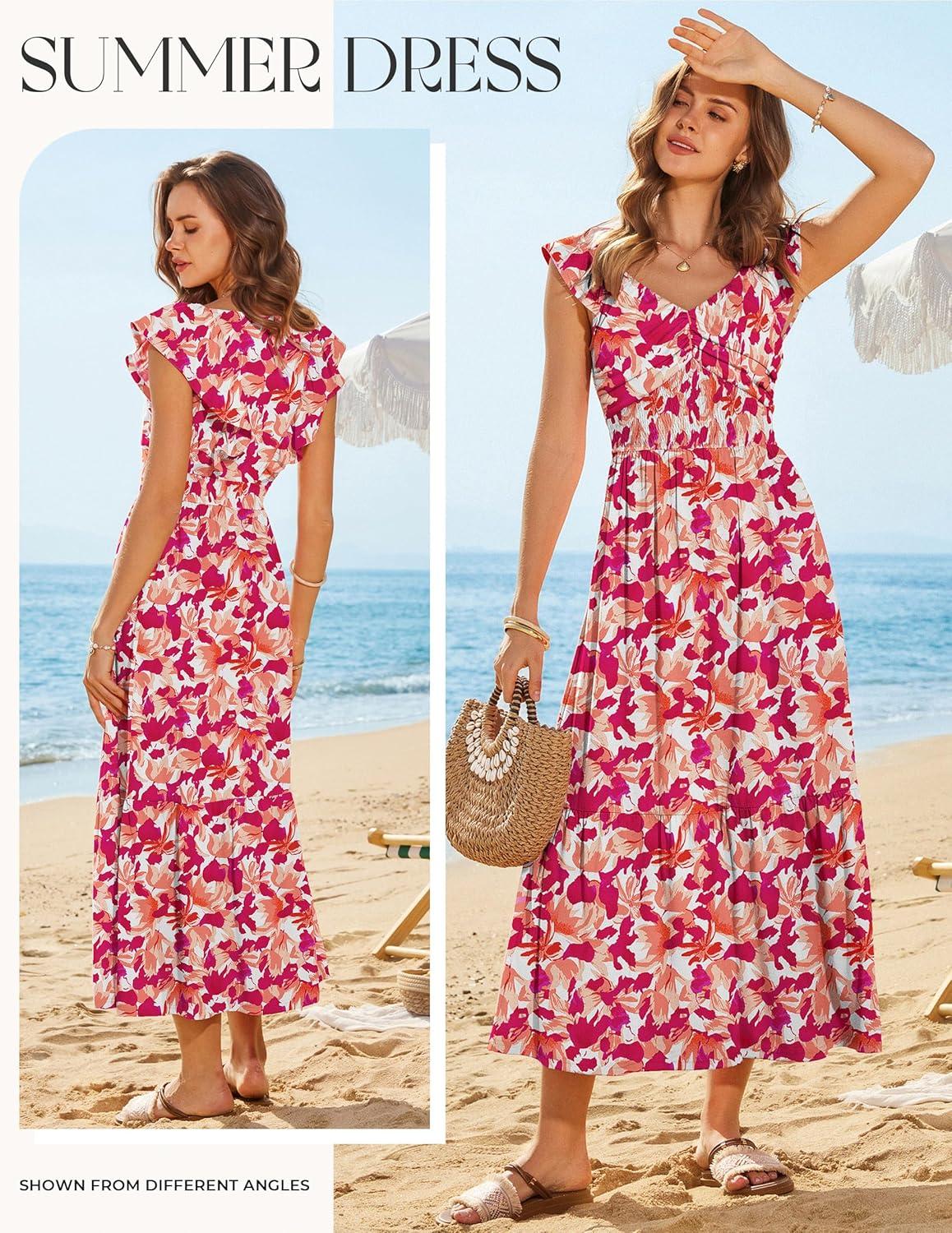 imageGRACE KARIN Summer Floral Maxi Dress for Women 2026 Flowy Wedding Guest Dresses Ruffle Sleeve Smocked Sundress with PocketOrange Red