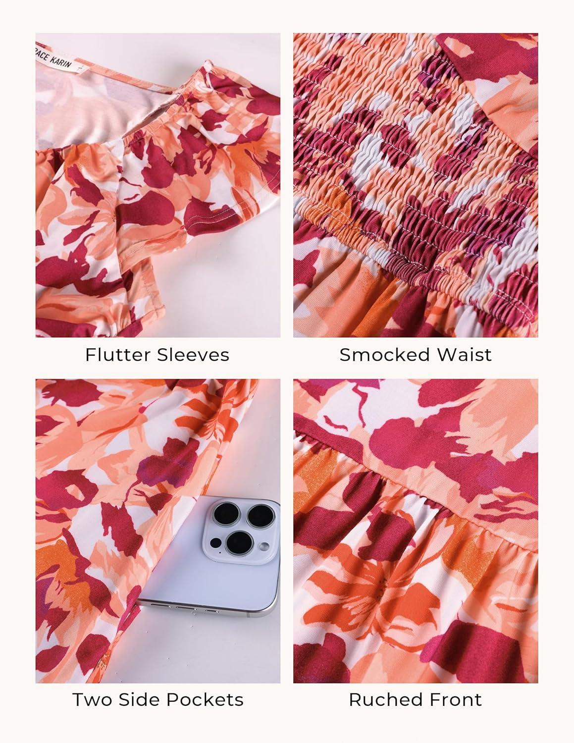 imageGRACE KARIN Summer Floral Maxi Dress for Women 2026 Flowy Wedding Guest Dresses Ruffle Sleeve Smocked Sundress with PocketOrange Red