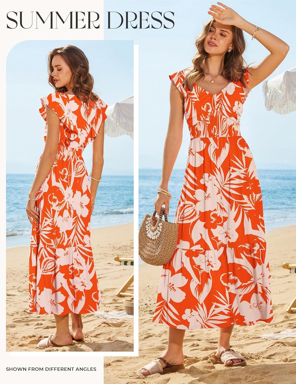 imageGRACE KARIN Summer Floral Maxi Dress for Women 2026 Flowy Wedding Guest Dresses Ruffle Sleeve Smocked Sundress with PocketWhite Orange