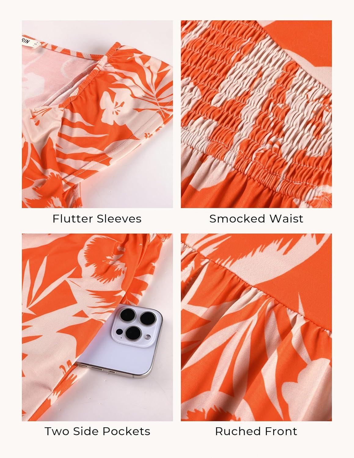imageGRACE KARIN Summer Floral Maxi Dress for Women 2026 Flowy Wedding Guest Dresses Ruffle Sleeve Smocked Sundress with PocketWhite Orange