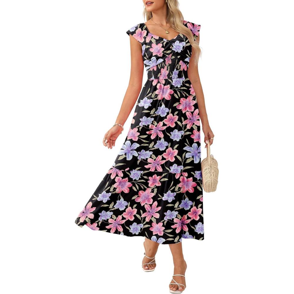 imageGRACE KARIN Summer Floral Maxi Dress for Women 2026 Flowy Wedding Guest Dresses Ruffle Sleeve Smocked Sundress with PocketBlack Red Purple