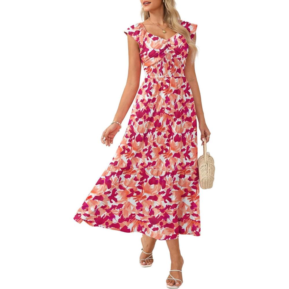 imageGRACE KARIN Summer Floral Maxi Dress for Women 2026 Flowy Wedding Guest Dresses Ruffle Sleeve Smocked Sundress with PocketOrange Red