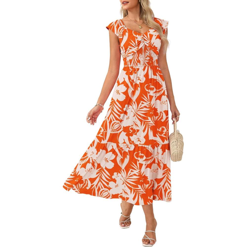 imageGRACE KARIN Summer Floral Maxi Dress for Women 2026 Flowy Wedding Guest Dresses Ruffle Sleeve Smocked Sundress with PocketWhite Orange