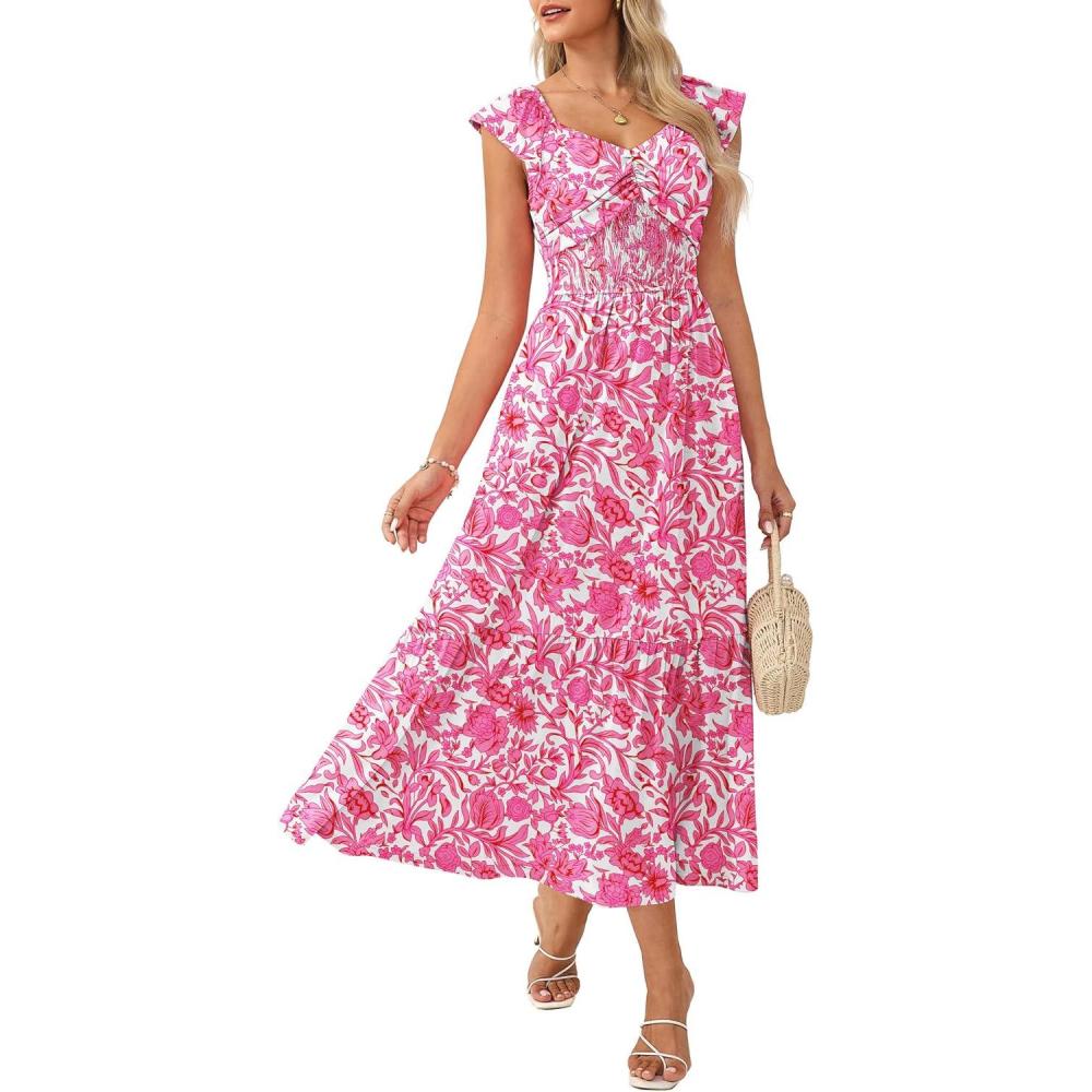imageGRACE KARIN Summer Floral Maxi Dress for Women 2026 Flowy Wedding Guest Dresses Ruffle Sleeve Smocked Sundress with PocketWhite Pink