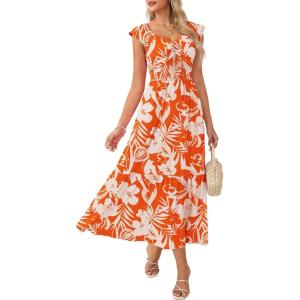 GRACE KARIN Summer Floral Maxi Dress for Women 2026 Flowy Wedding Guest Dresses Ruffle Sleeve Smocked Sundress with Pocket(White Orange)