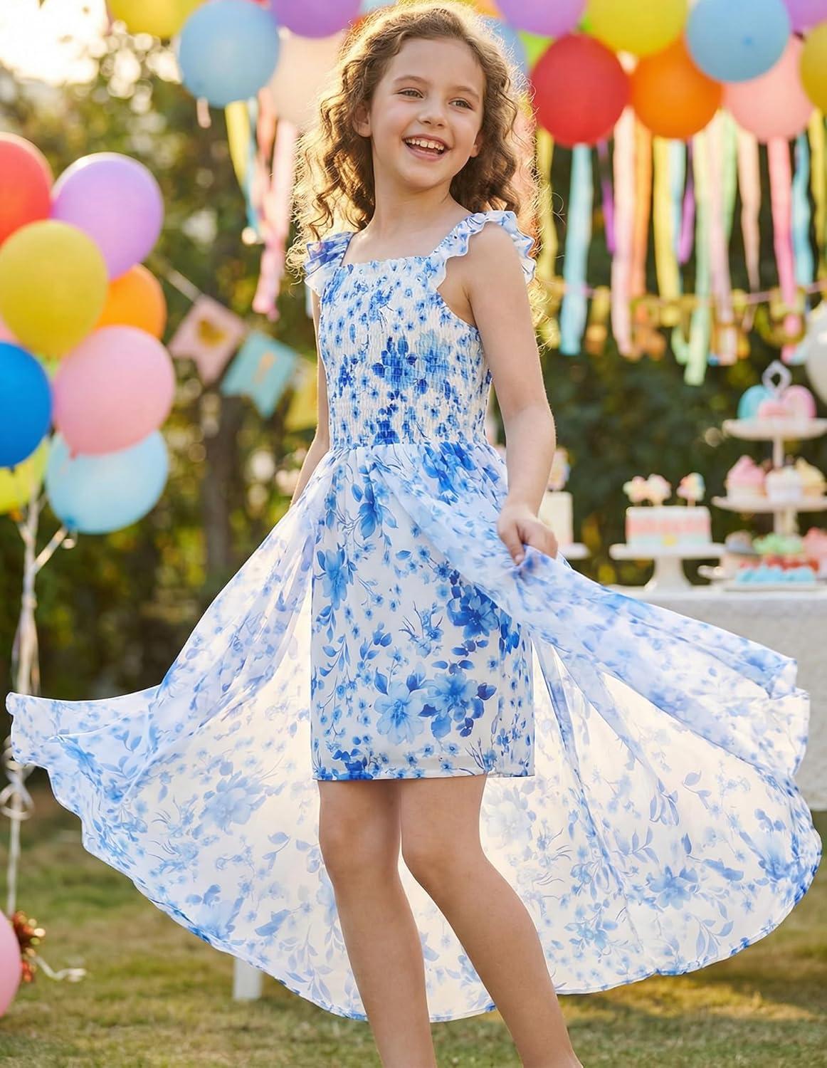imageGRACE KARIN Girls Hawaiian Floral Smocked Dresses Girl Flutter Sleeve Spring Summer Dress Kids Easter Maxi Long DressesBlue Flower