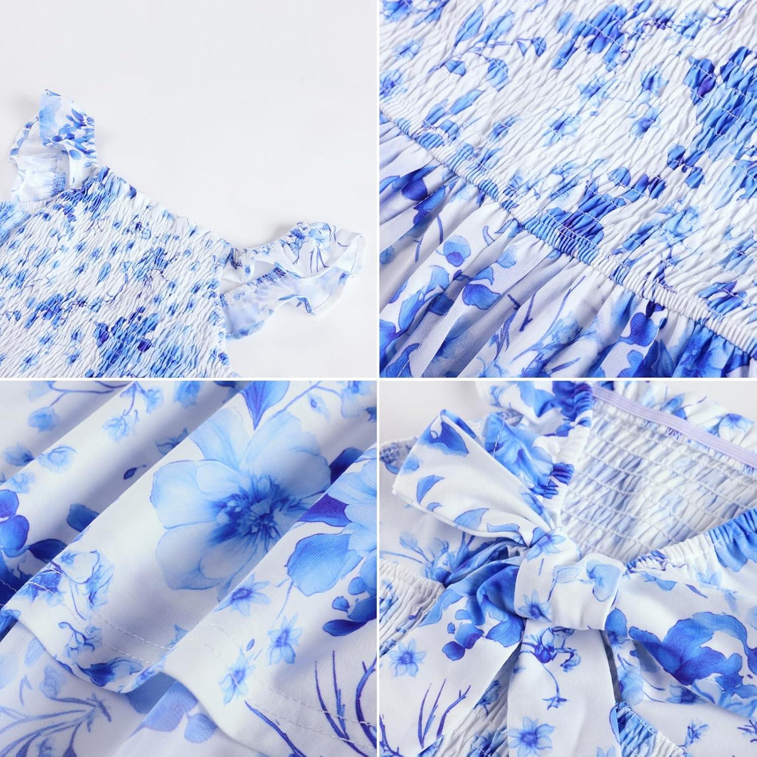 imageGRACE KARIN Girls Hawaiian Floral Smocked Dresses Girl Flutter Sleeve Spring Summer Dress Kids Easter Maxi Long DressesBlue Flower