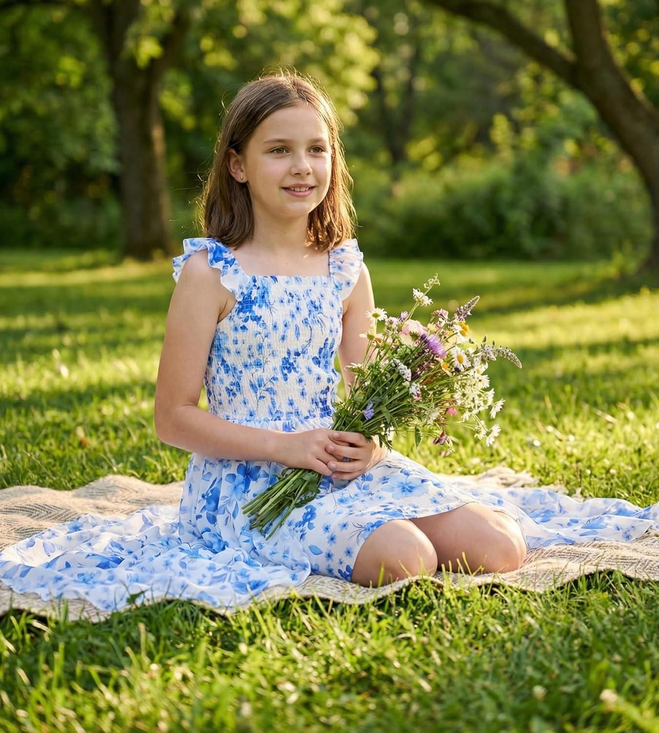imageGRACE KARIN Girls Hawaiian Floral Smocked Dresses Girl Flutter Sleeve Spring Summer Dress Kids Easter Maxi Long DressesBlue Flower