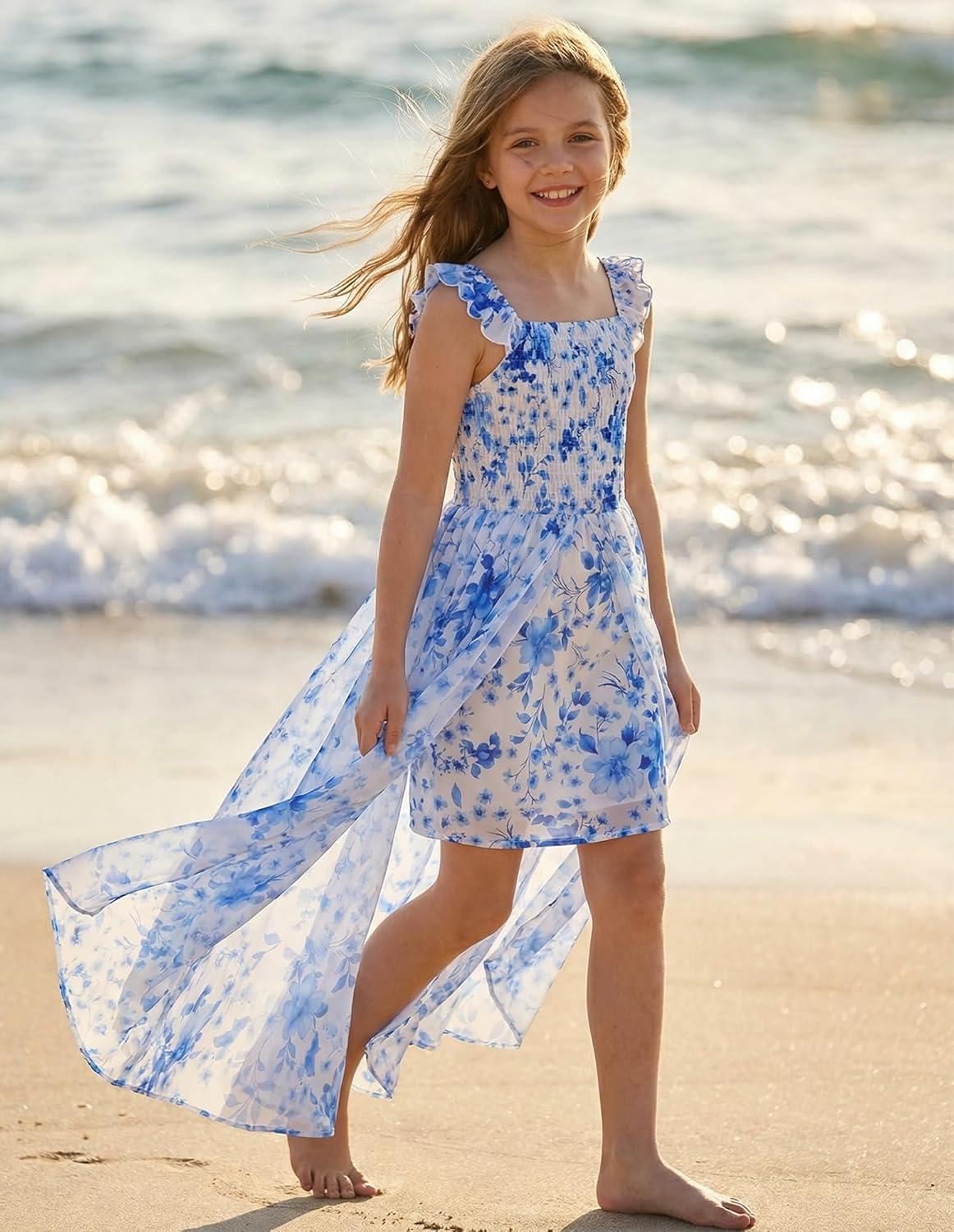 imageGRACE KARIN Girls Hawaiian Floral Smocked Dresses Girl Flutter Sleeve Spring Summer Dress Kids Easter Maxi Long DressesBlue Flower