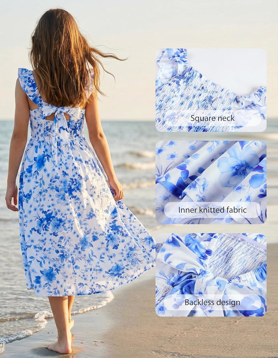 imageGRACE KARIN Girls Hawaiian Floral Smocked Dresses Girl Flutter Sleeve Spring Summer Dress Kids Easter Maxi Long DressesBlue Flower