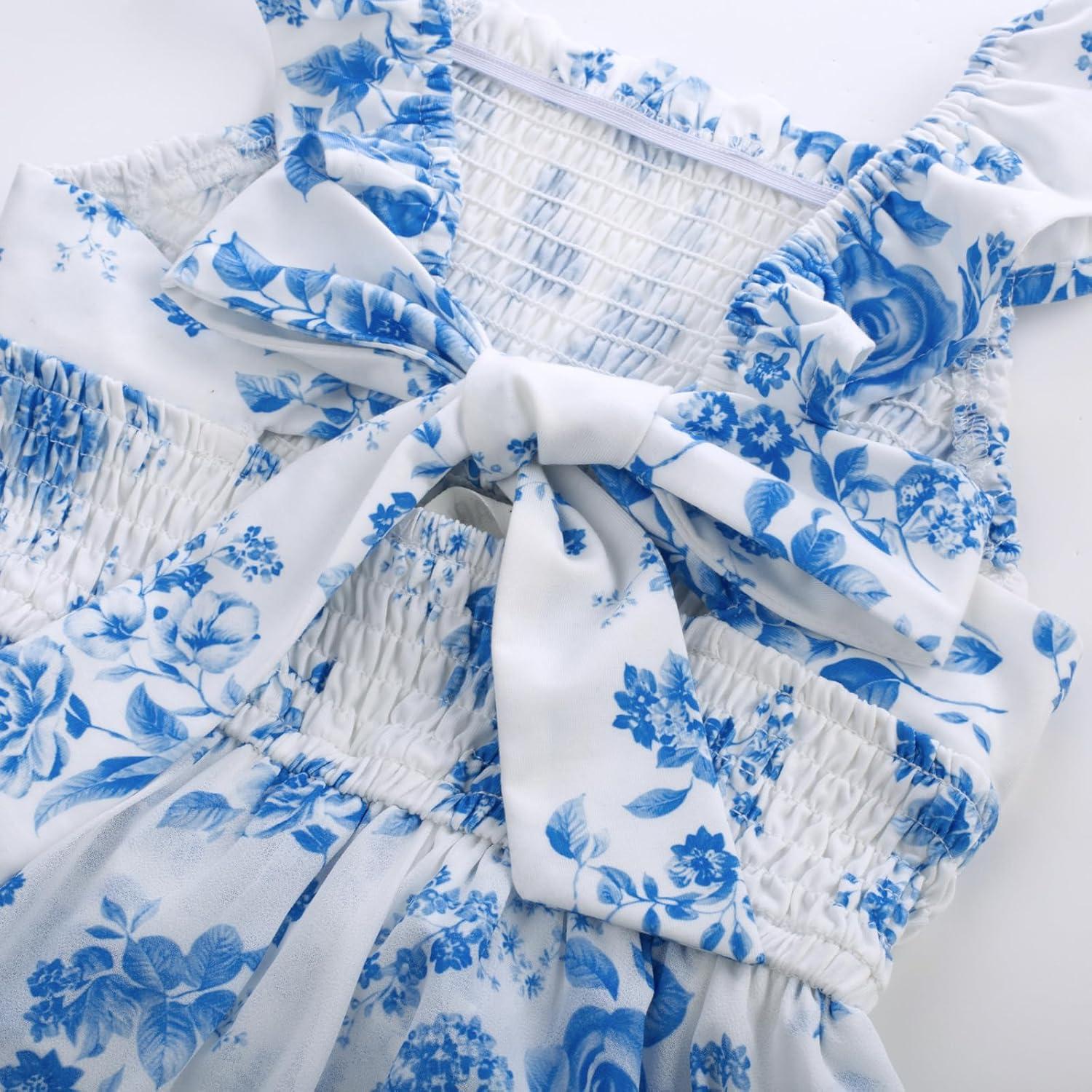 imageGRACE KARIN Girls Hawaiian Floral Smocked Dresses Girl Flutter Sleeve Spring Summer Dress Kids Easter Maxi Long DressesBlue and White