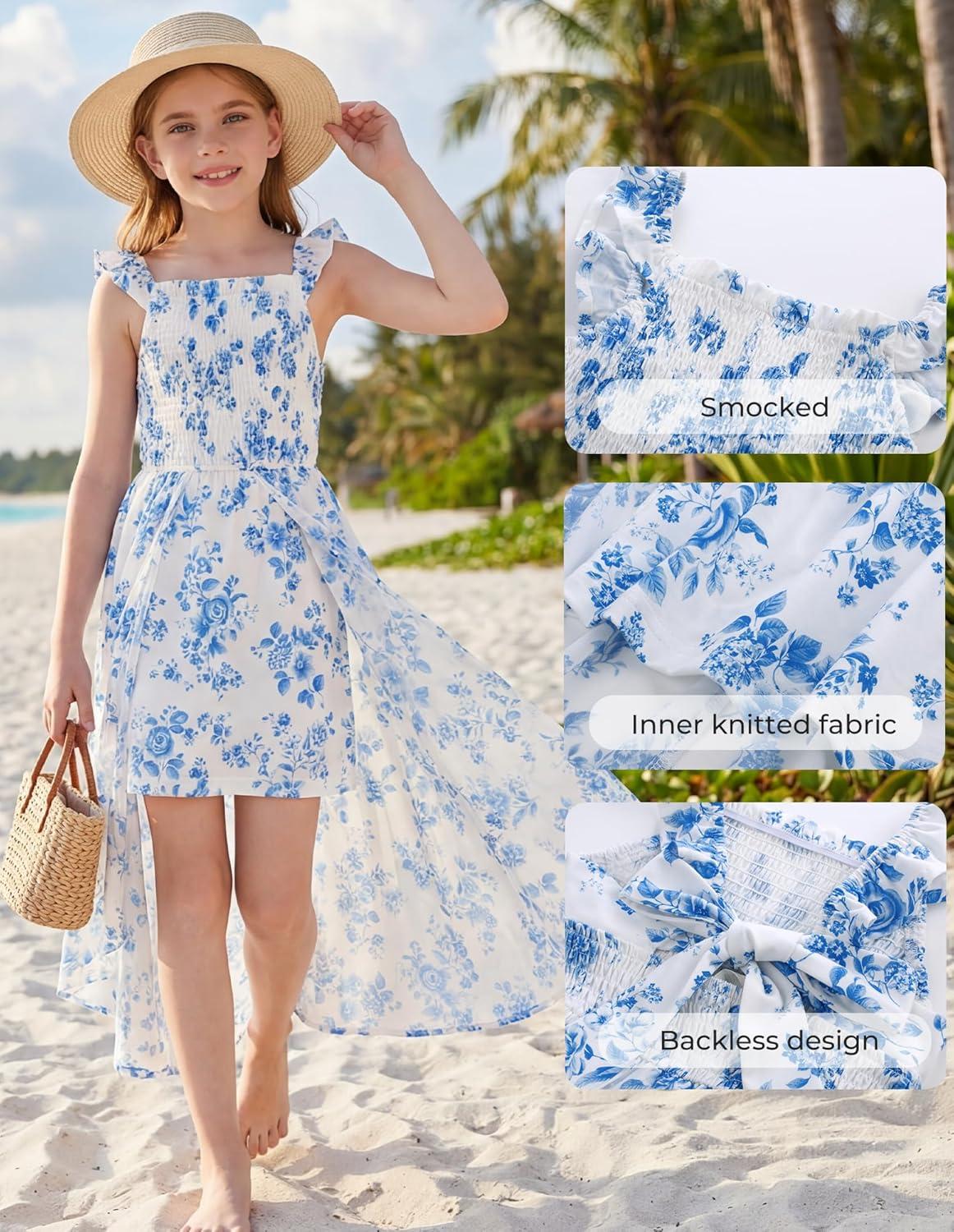 imageGRACE KARIN Girls Hawaiian Floral Smocked Dresses Girl Flutter Sleeve Spring Summer Dress Kids Easter Maxi Long DressesBlue and White