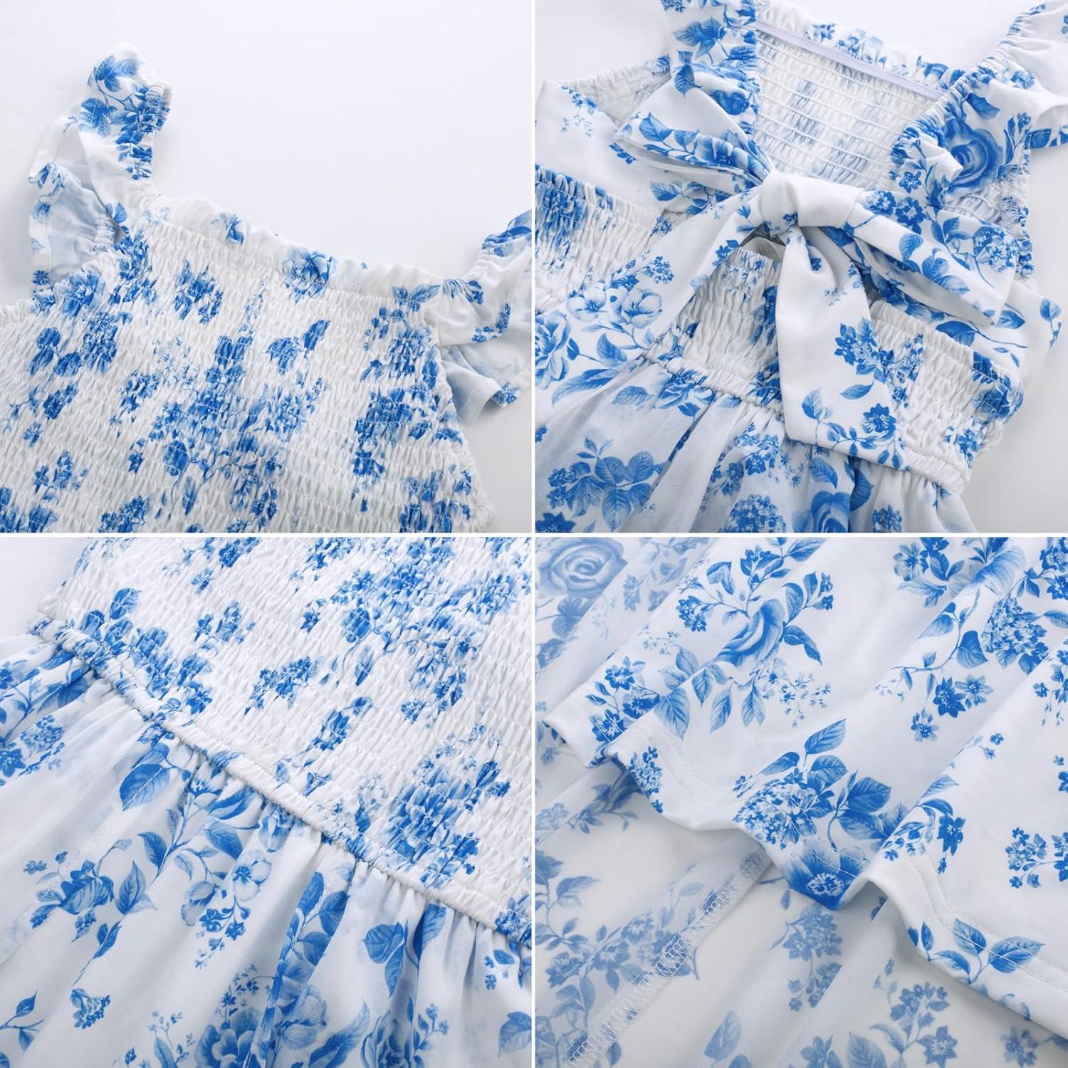 imageGRACE KARIN Girls Hawaiian Floral Smocked Dresses Girl Flutter Sleeve Spring Summer Dress Kids Easter Maxi Long DressesBlue and White