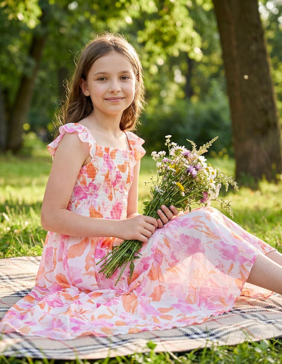 imageGRACE KARIN Girls Hawaiian Floral Smocked Dresses Girl Flutter Sleeve Spring Summer Dress Kids Easter Maxi Long DressesOrange