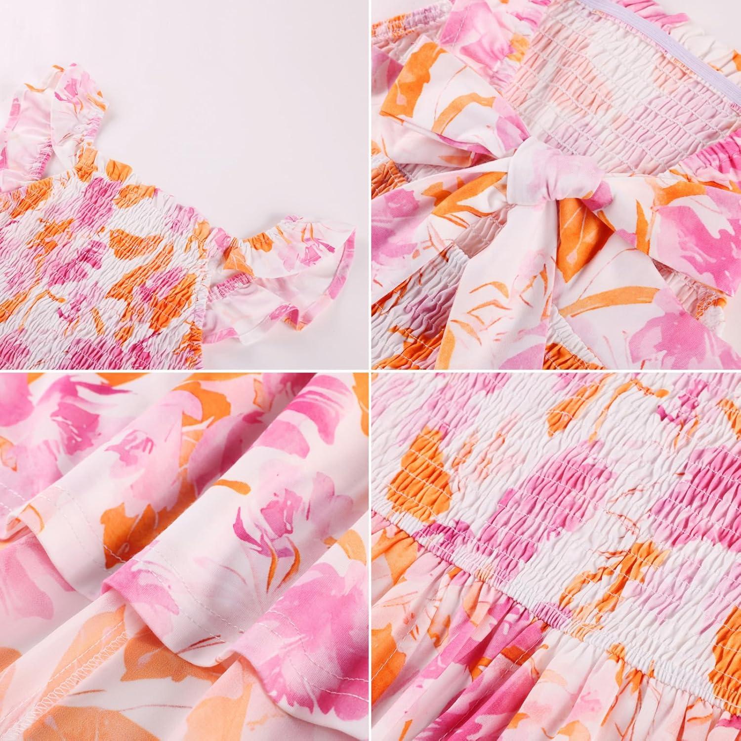 imageGRACE KARIN Girls Hawaiian Floral Smocked Dresses Girl Flutter Sleeve Spring Summer Dress Kids Easter Maxi Long DressesOrange