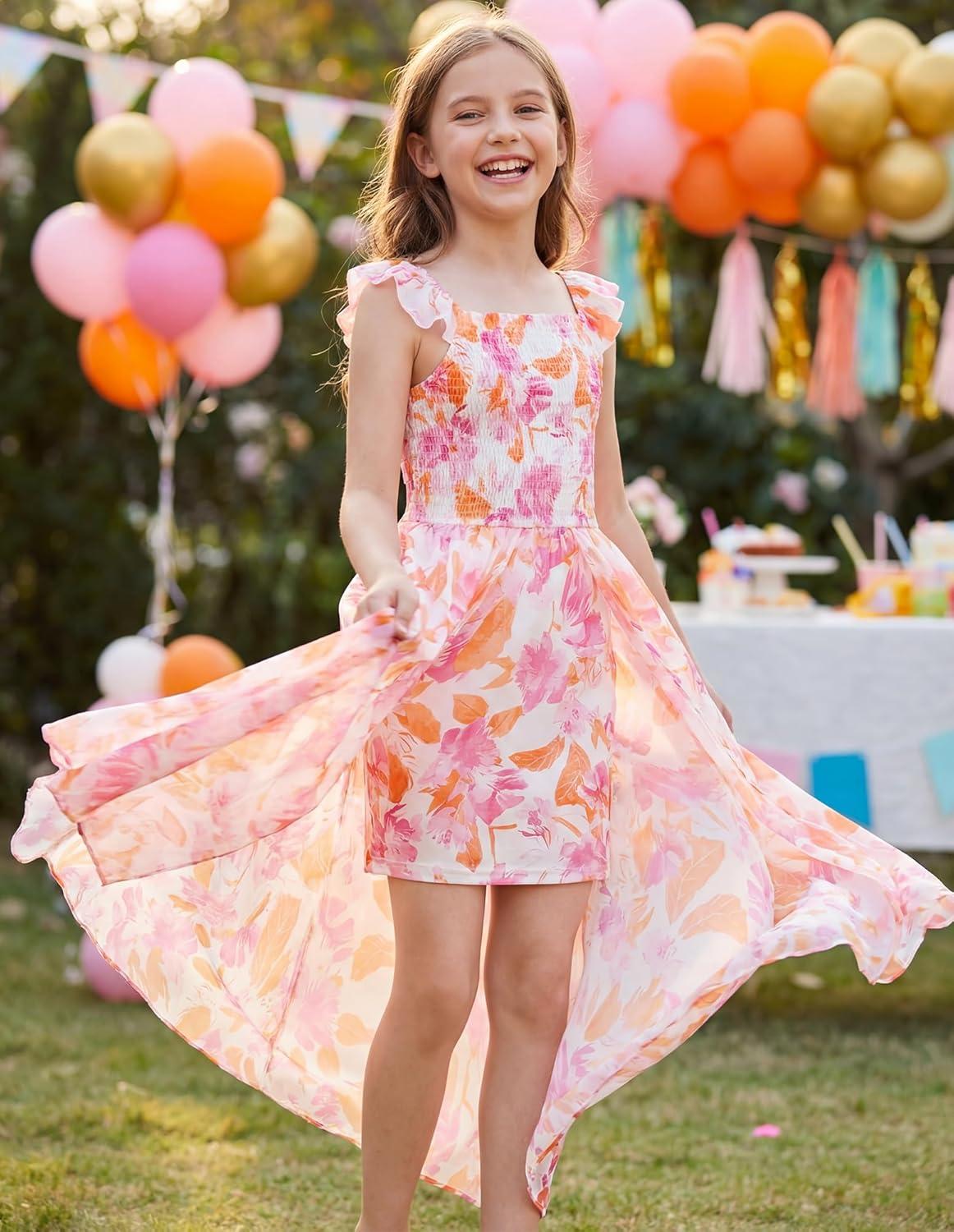 imageGRACE KARIN Girls Hawaiian Floral Smocked Dresses Girl Flutter Sleeve Spring Summer Dress Kids Easter Maxi Long DressesOrange