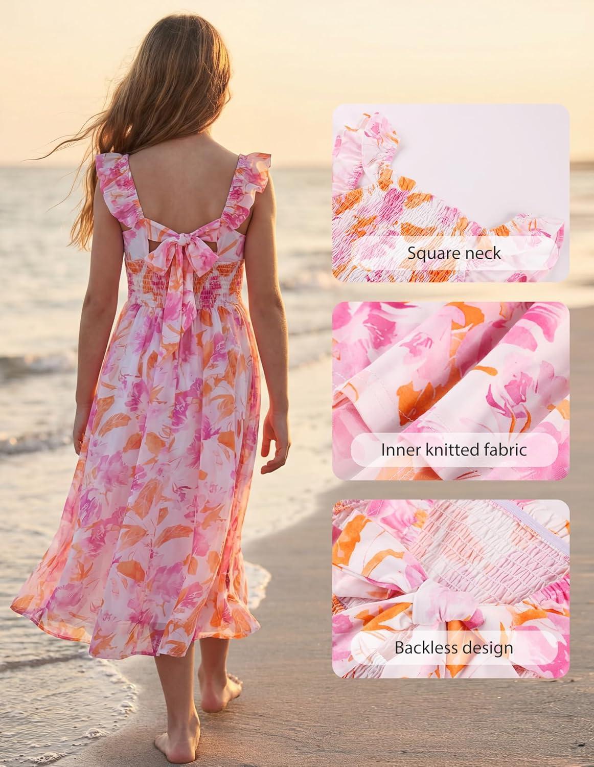 imageGRACE KARIN Girls Hawaiian Floral Smocked Dresses Girl Flutter Sleeve Spring Summer Dress Kids Easter Maxi Long DressesOrange