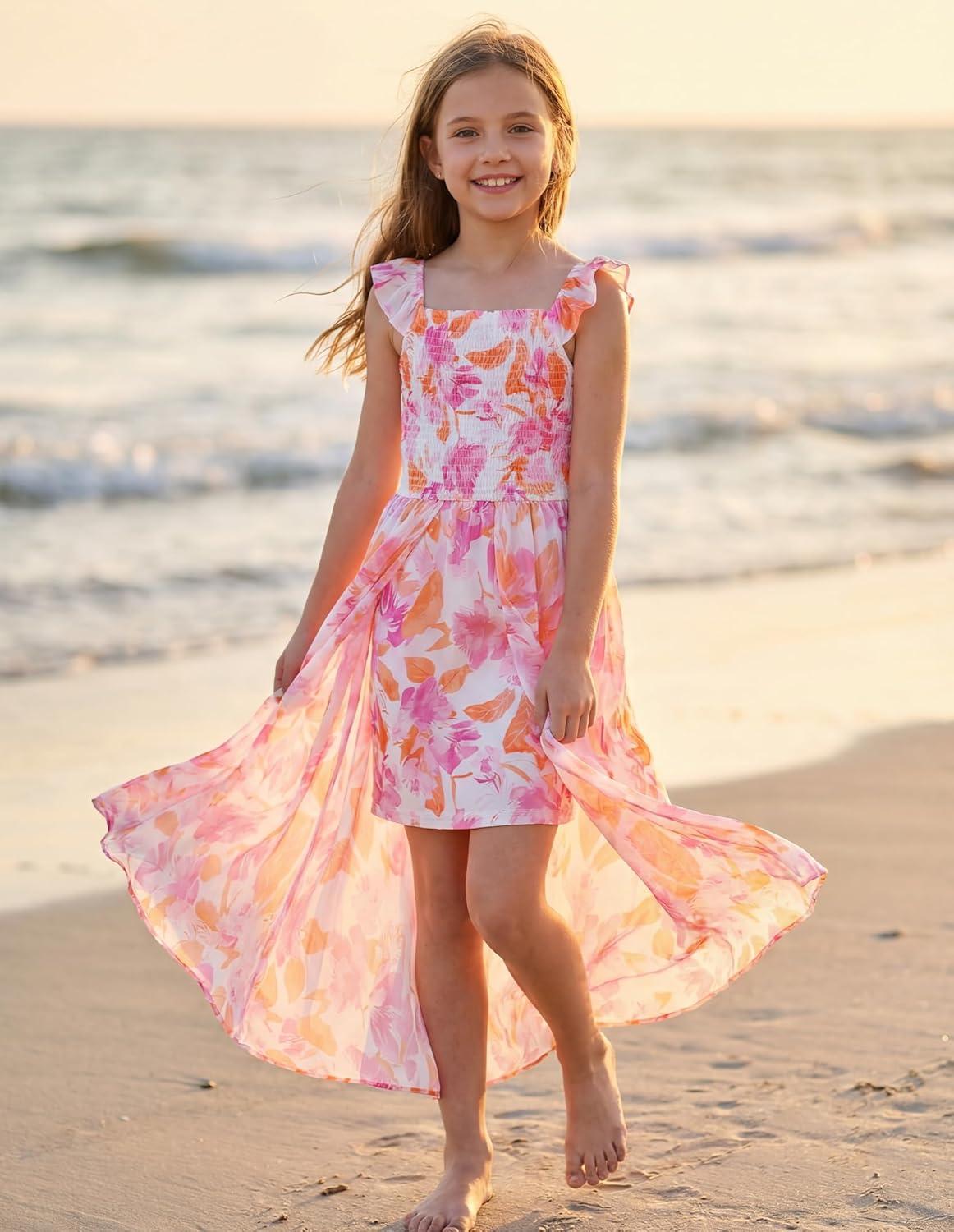 imageGRACE KARIN Girls Hawaiian Floral Smocked Dresses Girl Flutter Sleeve Spring Summer Dress Kids Easter Maxi Long DressesOrange