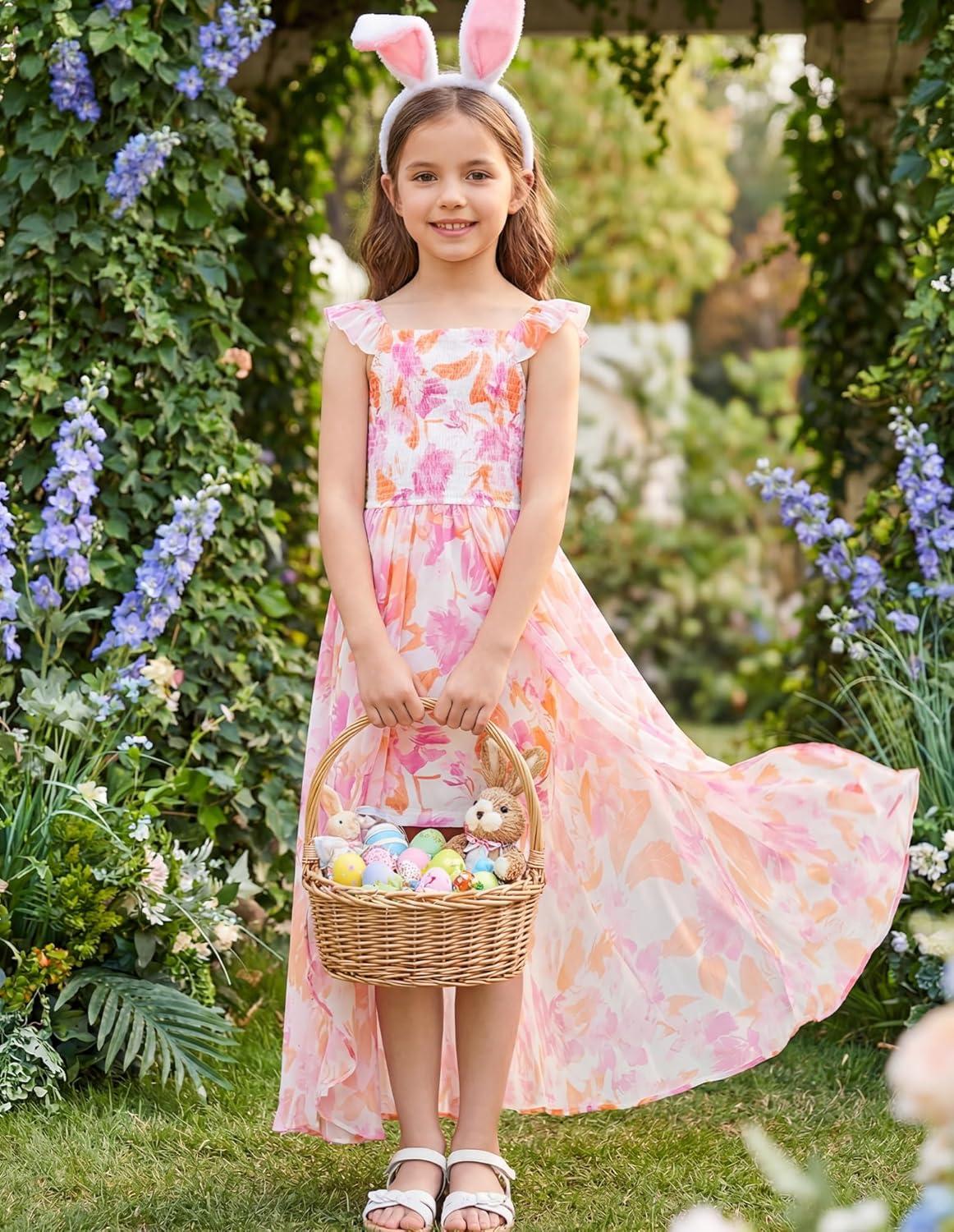 imageGRACE KARIN Girls Hawaiian Floral Smocked Dresses Girl Flutter Sleeve Spring Summer Dress Kids Easter Maxi Long DressesOrange