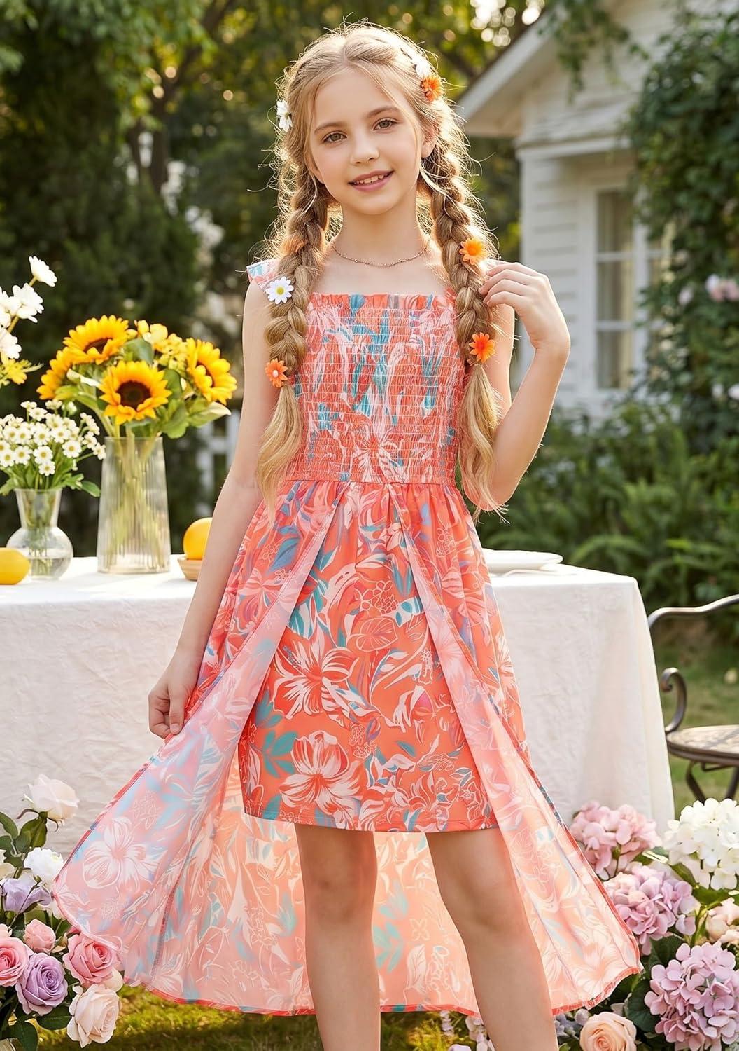 imageGRACE KARIN Girls Hawaiian Floral Smocked Dresses Girl Flutter Sleeve Spring Summer Dress Kids Easter Maxi Long DressesOrange Floral