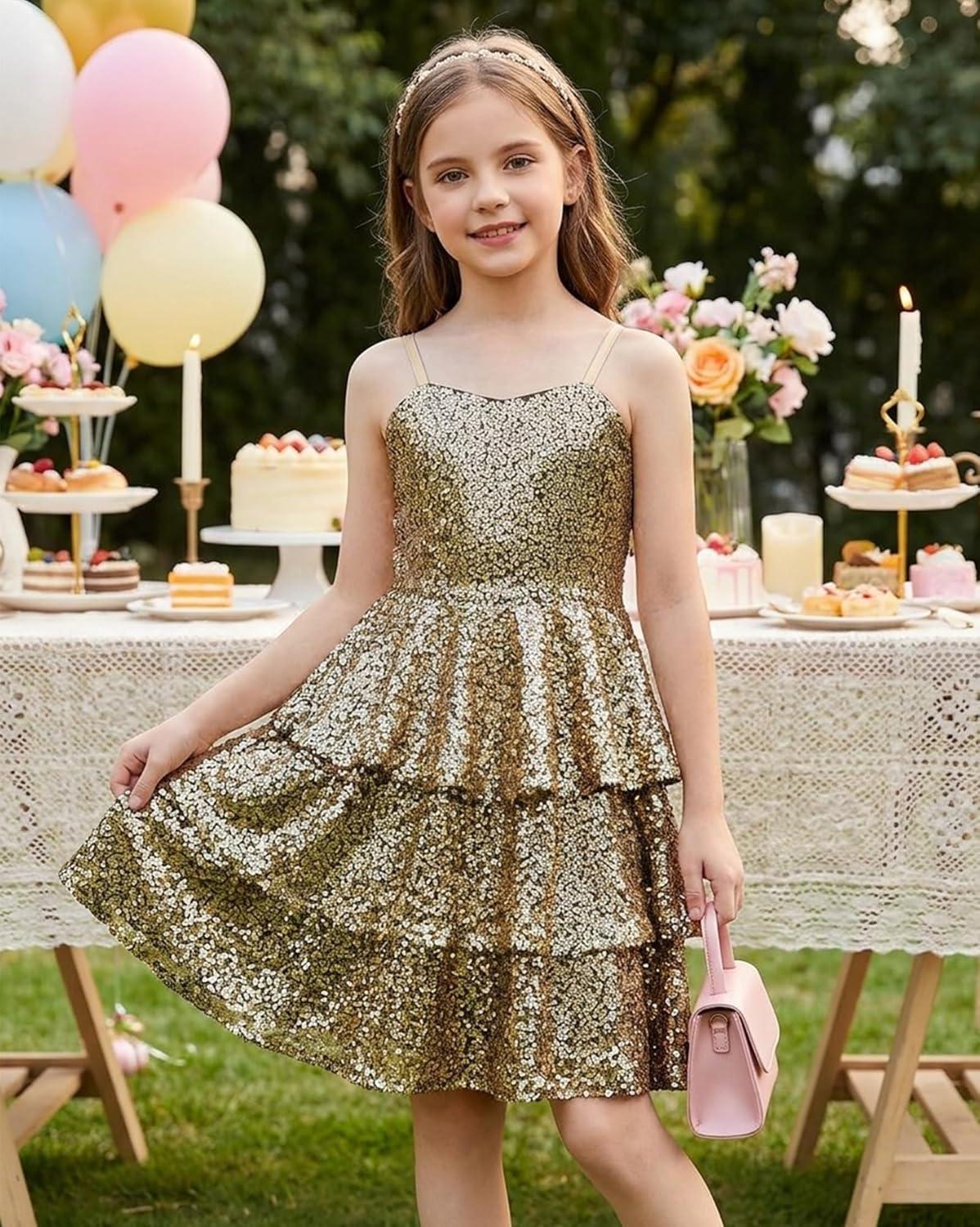 imageGRACE KARIN Girls Sequin Formal Dresses Kids Party Special Occasion Fancy Dress Tie Back 3 Layer Prom Graduation OutfitsBlack Gold