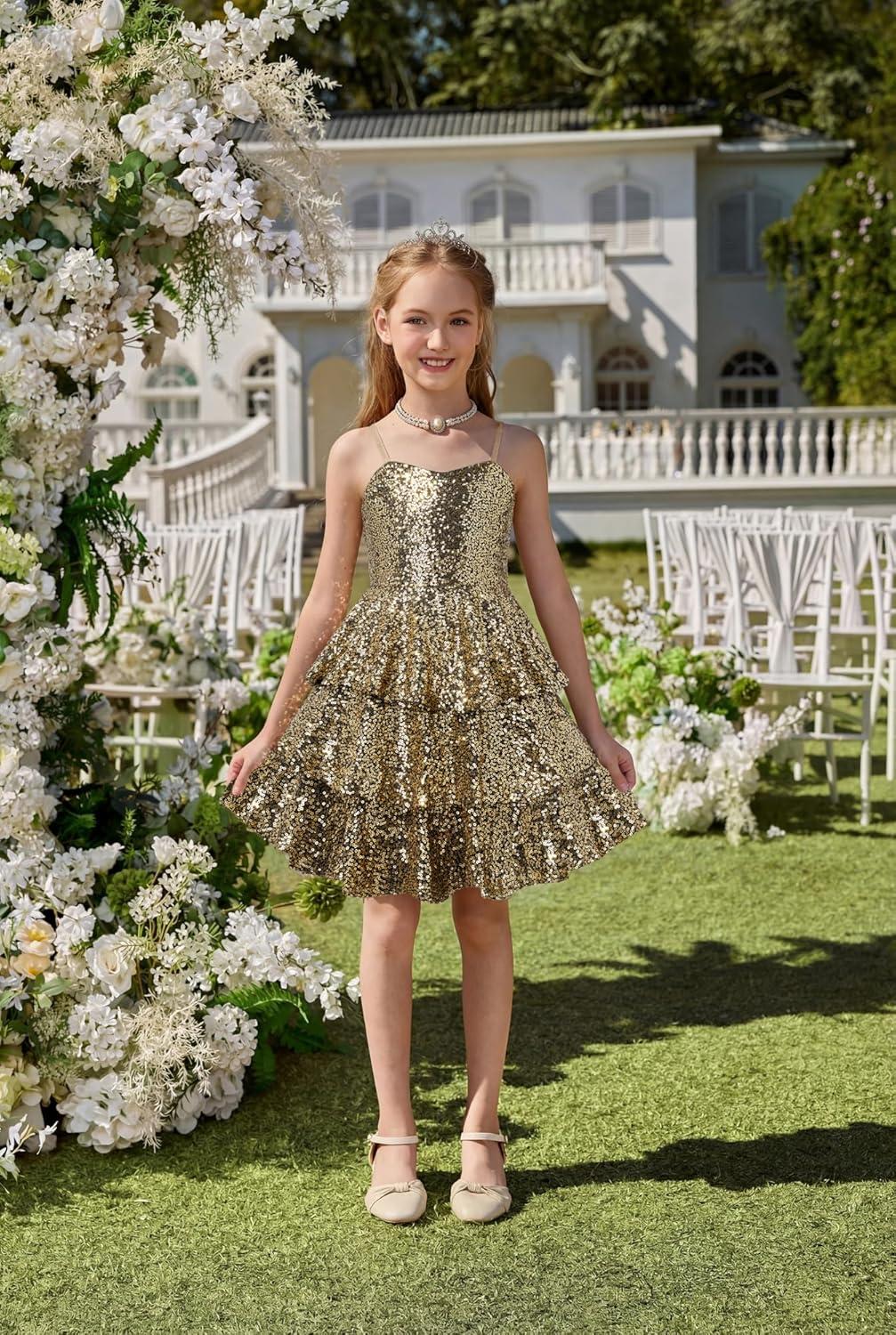 imageGRACE KARIN Girls Sequin Formal Dresses Kids Party Special Occasion Fancy Dress Tie Back 3 Layer Prom Graduation OutfitsBlack Gold