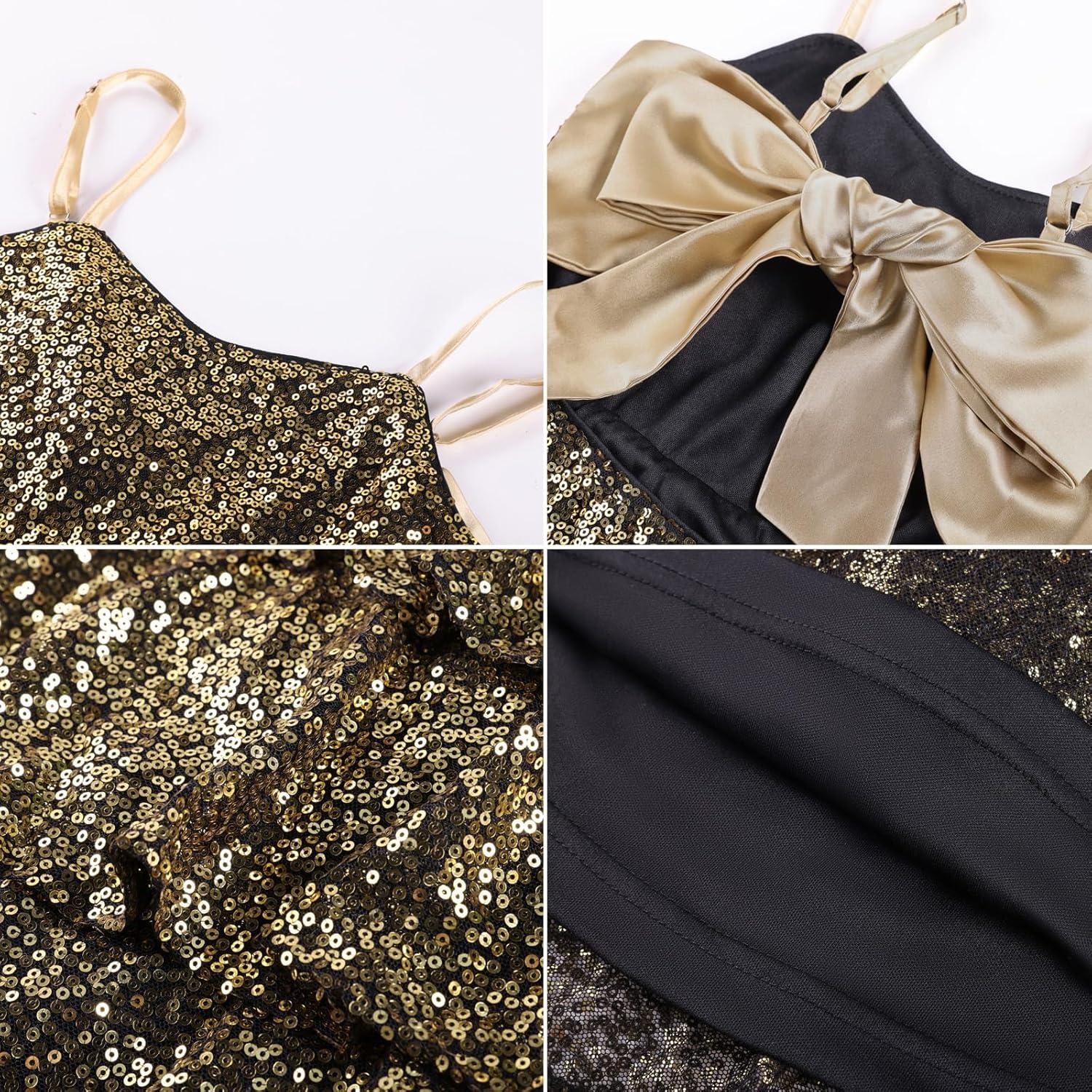 imageGRACE KARIN Girls Sequin Formal Dresses Kids Party Special Occasion Fancy Dress Tie Back 3 Layer Prom Graduation OutfitsBlack Gold