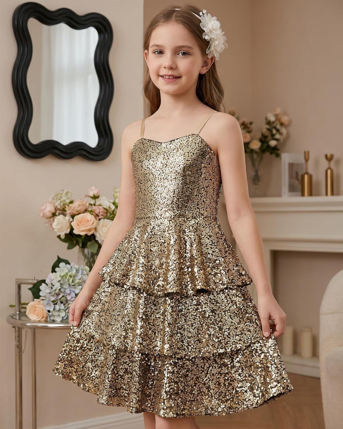 imageGRACE KARIN Girls Sequin Formal Dresses Kids Party Special Occasion Fancy Dress Tie Back 3 Layer Prom Graduation OutfitsBlack Gold
