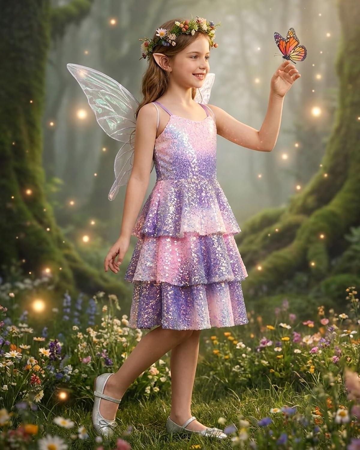 imageGRACE KARIN Girls Sequin Formal Dresses Kids Party Special Occasion Fancy Dress Tie Back 3 Layer Prom Graduation OutfitsPurple Rainbow