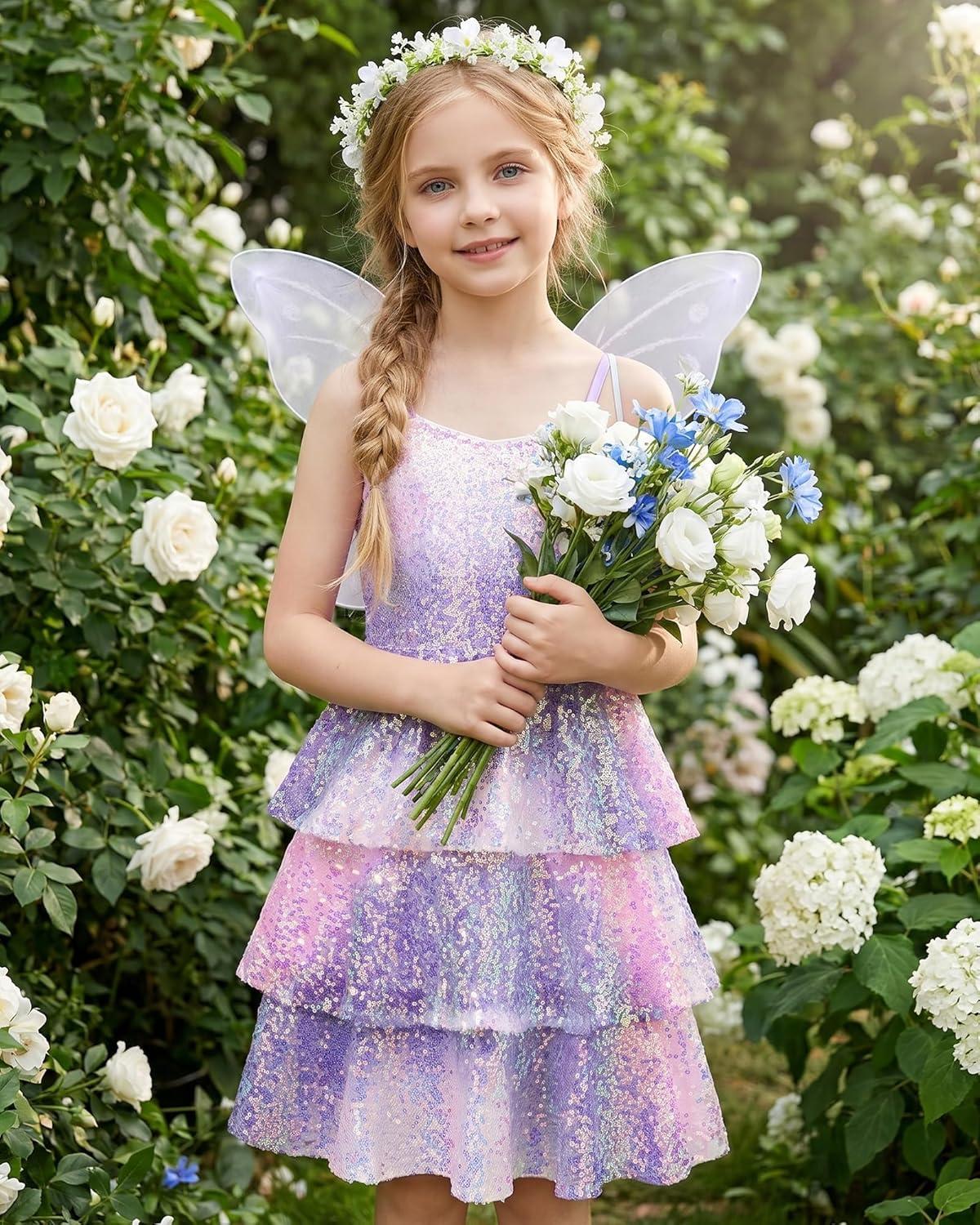 imageGRACE KARIN Girls Sequin Formal Dresses Kids Party Special Occasion Fancy Dress Tie Back 3 Layer Prom Graduation OutfitsPurple Rainbow