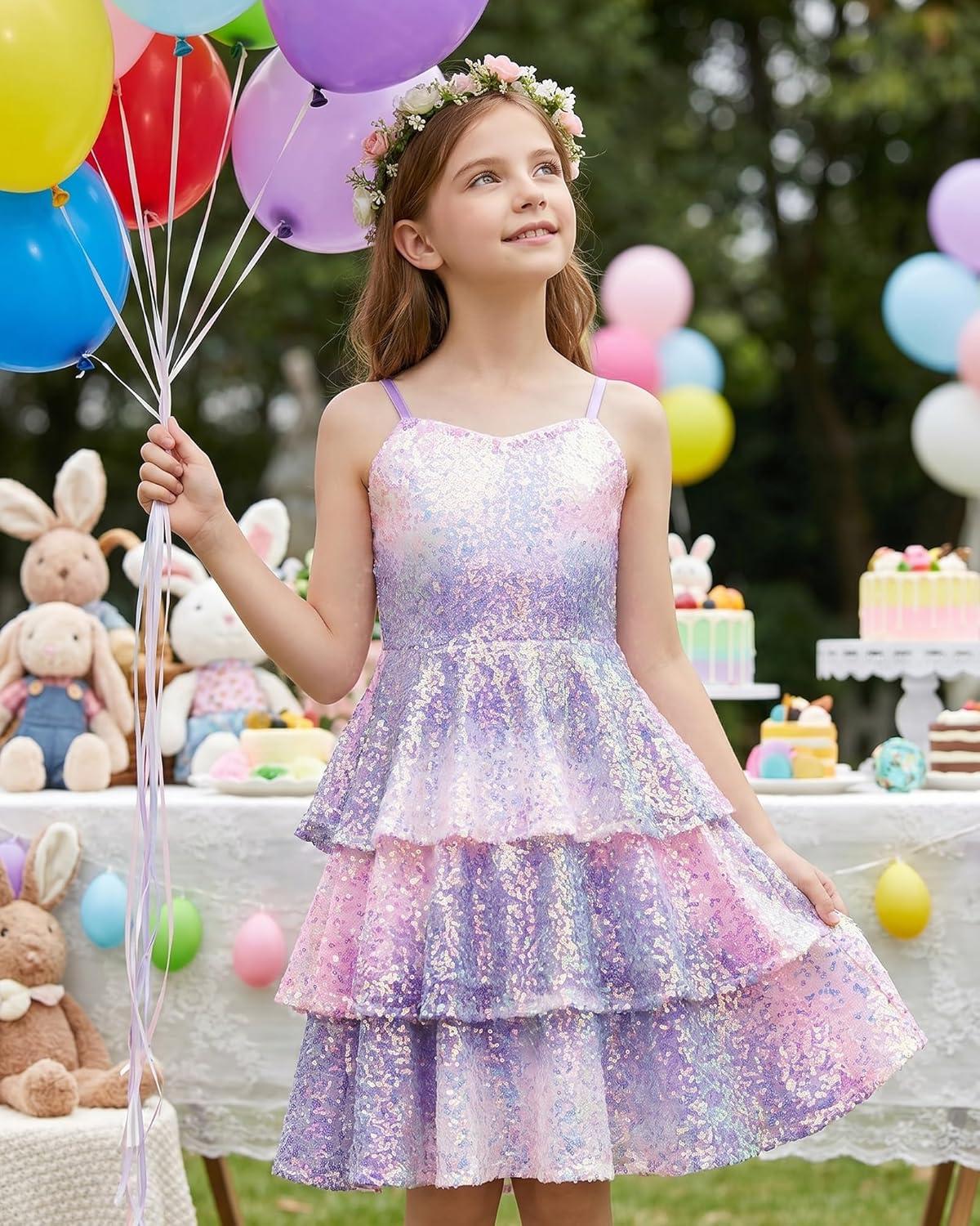 imageGRACE KARIN Girls Sequin Formal Dresses Kids Party Special Occasion Fancy Dress Tie Back 3 Layer Prom Graduation OutfitsPurple Rainbow