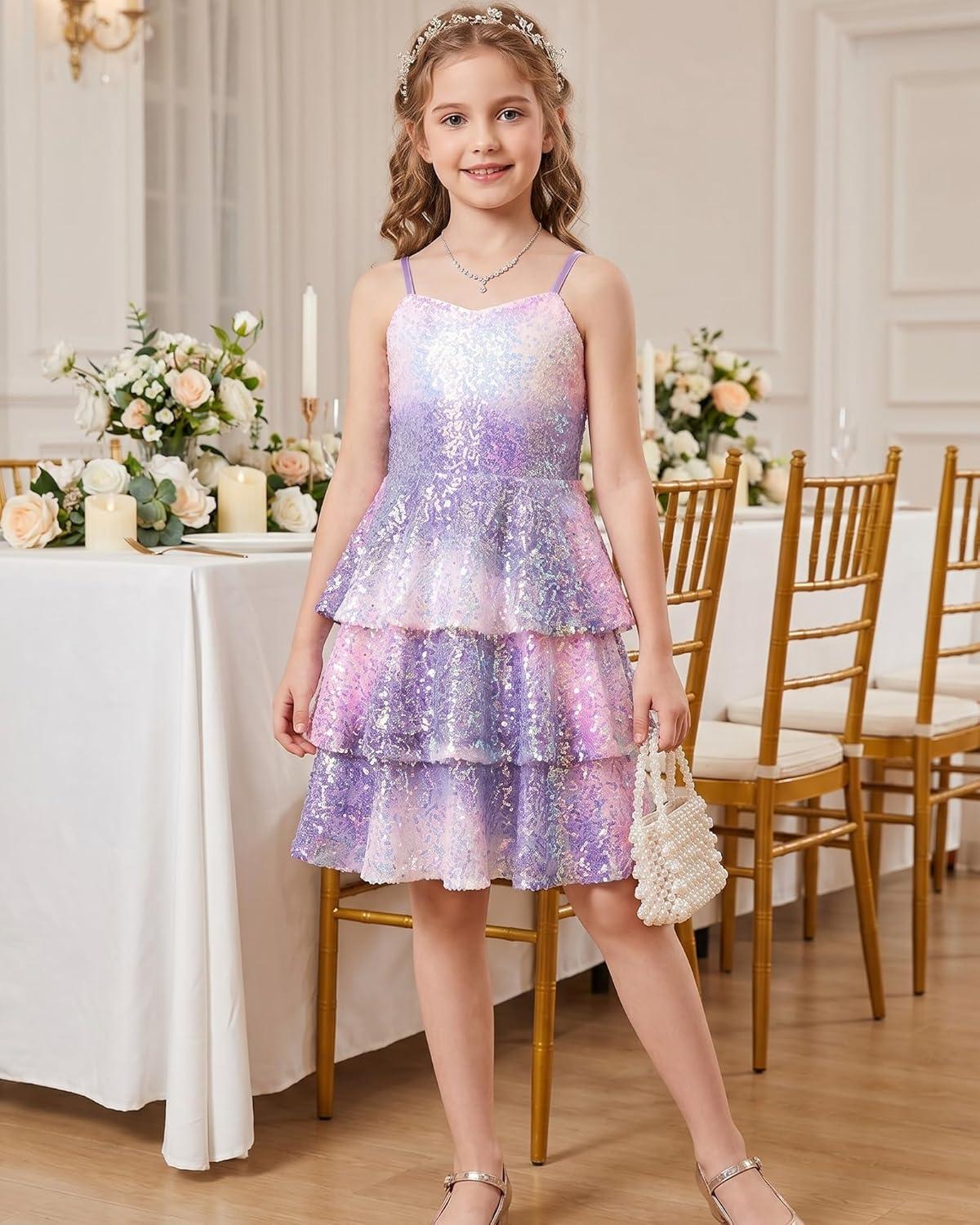 imageGRACE KARIN Girls Sequin Formal Dresses Kids Party Special Occasion Fancy Dress Tie Back 3 Layer Prom Graduation OutfitsPurple Rainbow