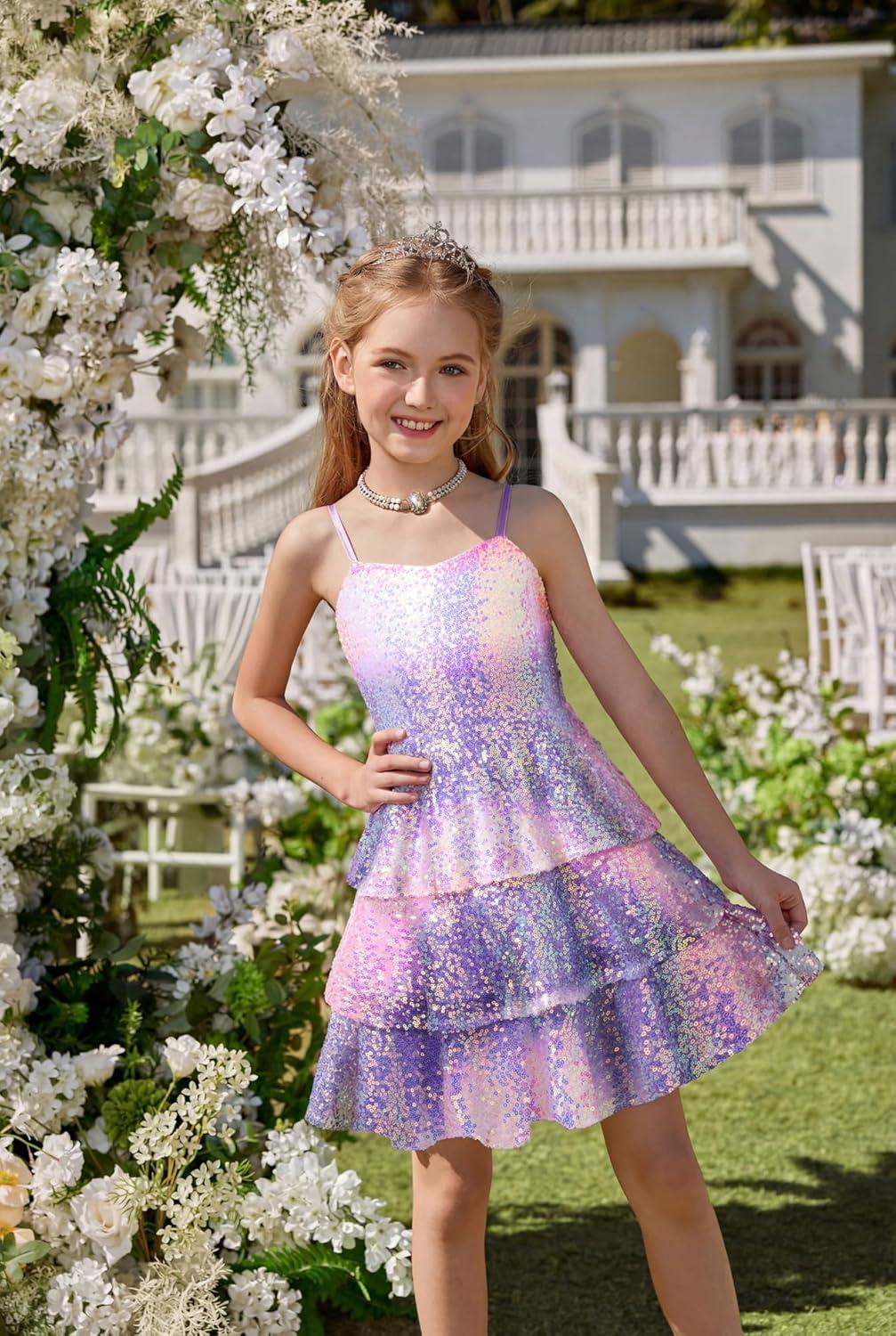 imageGRACE KARIN Girls Sequin Formal Dresses Kids Party Special Occasion Fancy Dress Tie Back 3 Layer Prom Graduation OutfitsPurple Rainbow