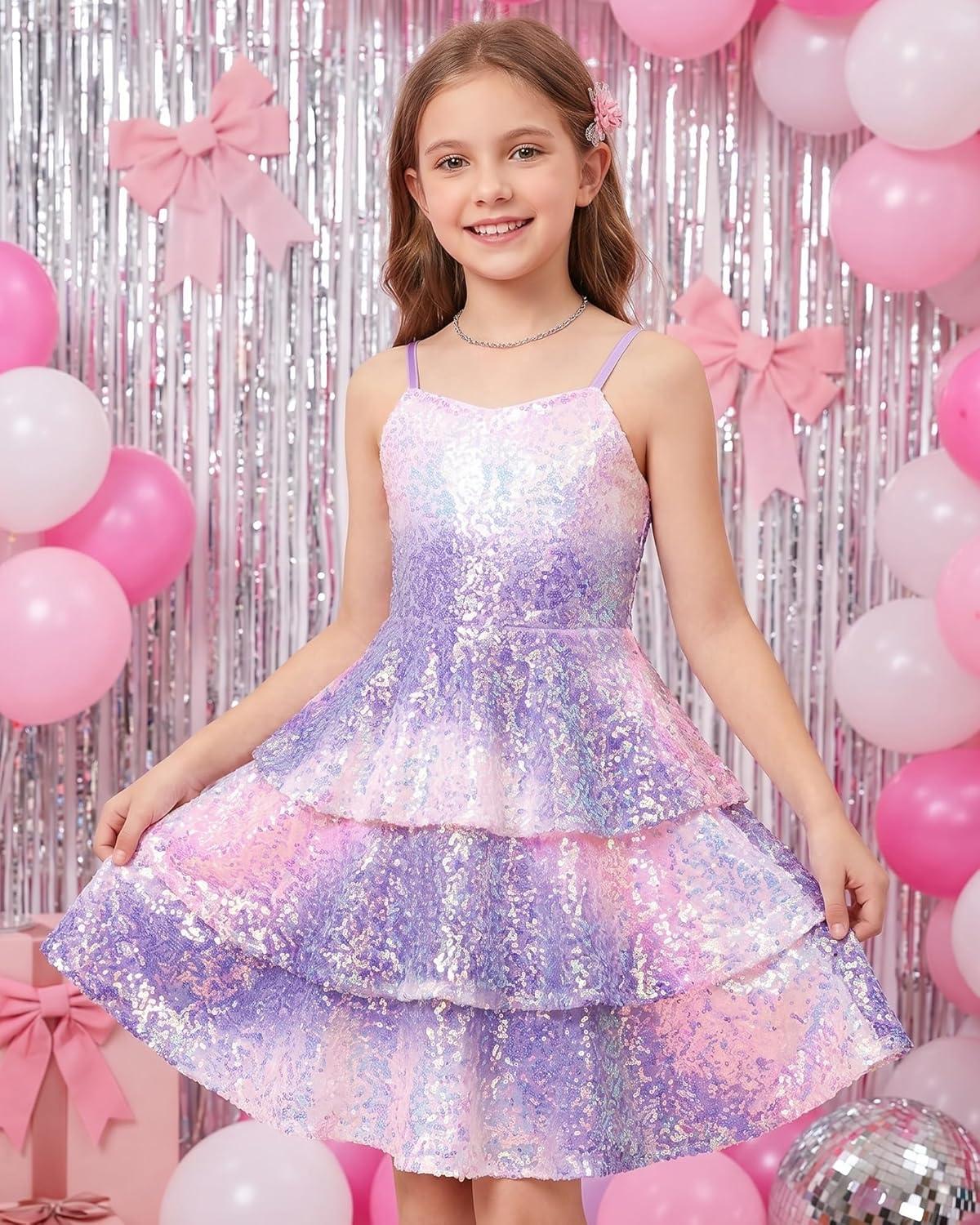 imageGRACE KARIN Girls Sequin Formal Dresses Kids Party Special Occasion Fancy Dress Tie Back 3 Layer Prom Graduation OutfitsPurple Rainbow