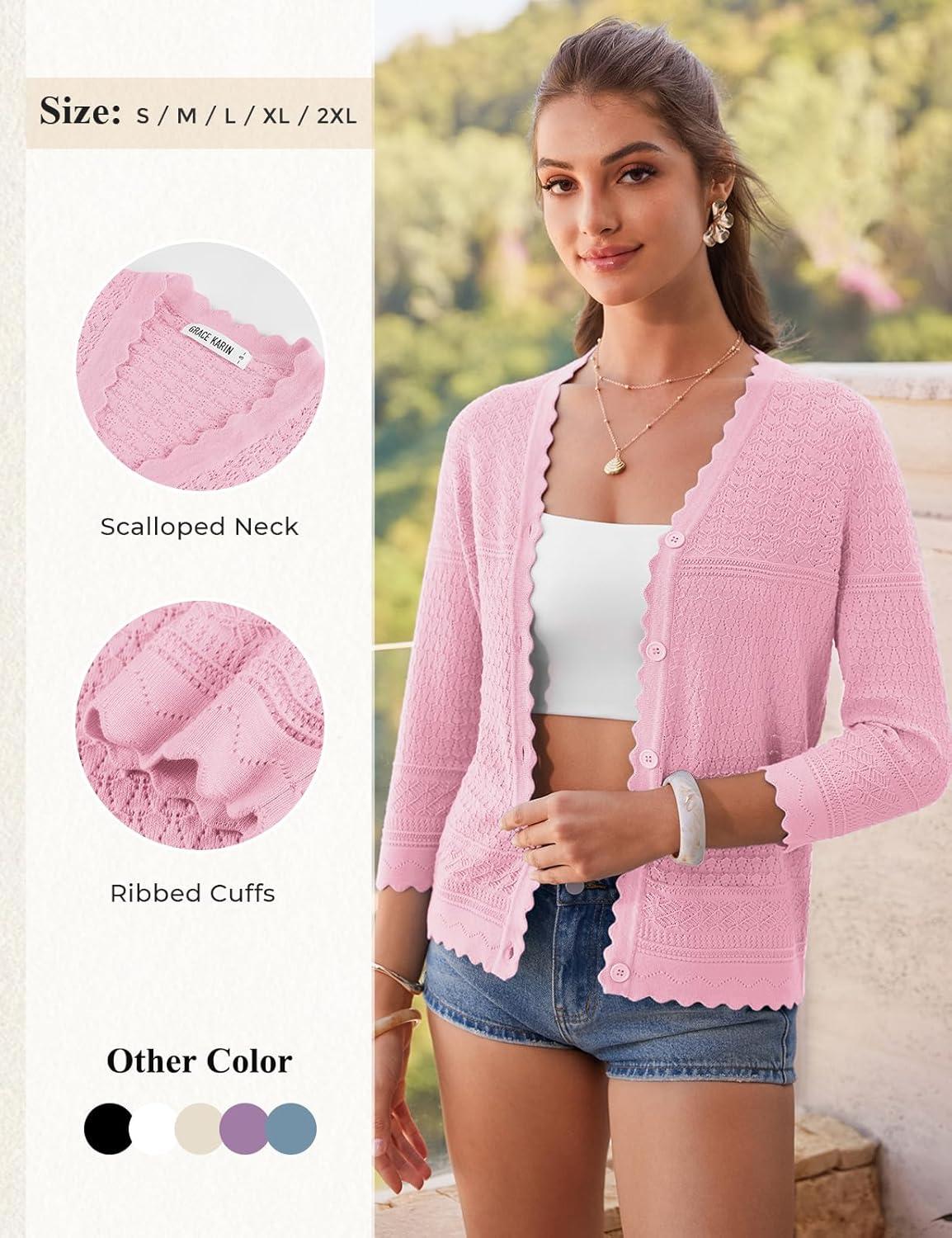 imageGRACE KARIN Womens 34 Sleeve Cardigan Lightweight Hollowed Crochet Shrug Trendy Summer Sweaters for Casual VacationLight Pink