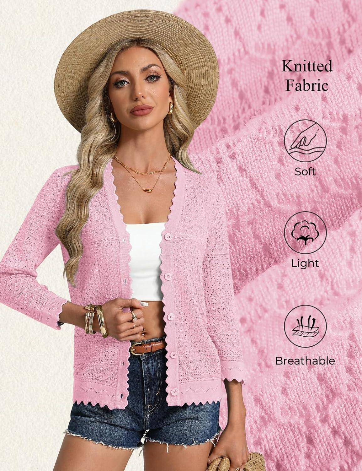 imageGRACE KARIN Womens 34 Sleeve Cardigan Lightweight Hollowed Crochet Shrug Trendy Summer Sweaters for Casual VacationLight Pink