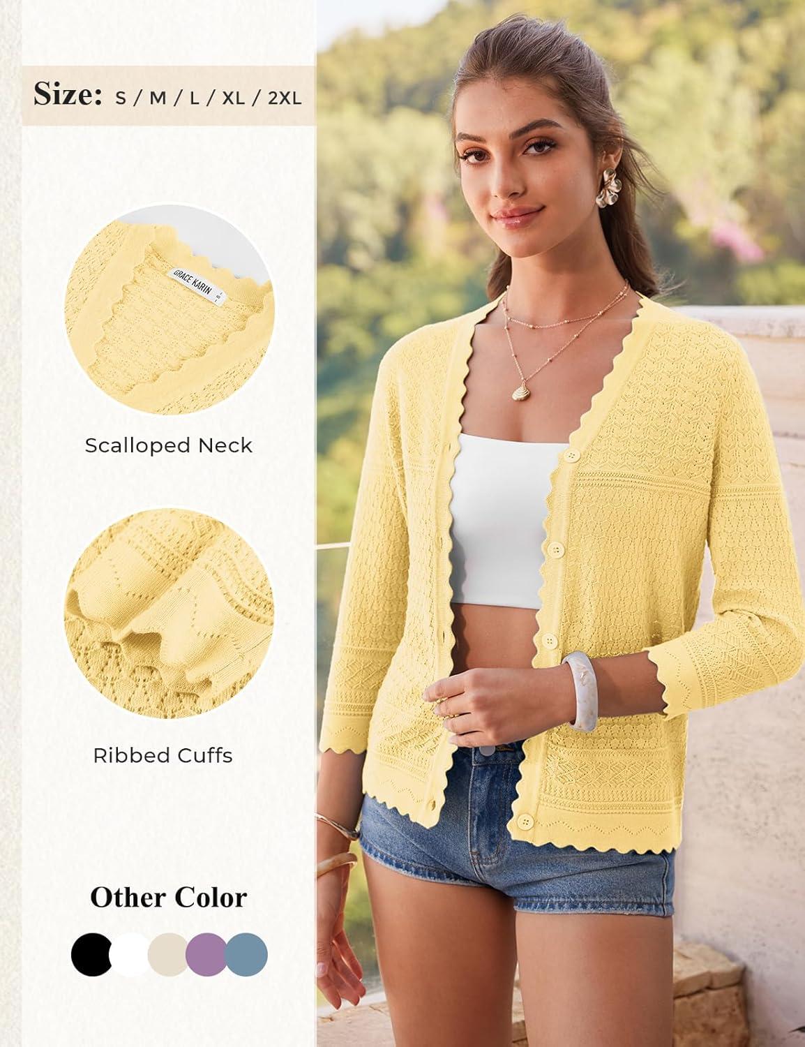 imageGRACE KARIN Womens 34 Sleeve Cardigan Lightweight Hollowed Crochet Shrug Trendy Summer Sweaters for Casual VacationLight Yellow