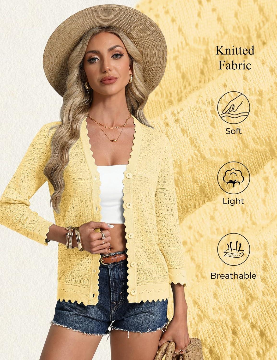 imageGRACE KARIN Womens 34 Sleeve Cardigan Lightweight Hollowed Crochet Shrug Trendy Summer Sweaters for Casual VacationLight Yellow