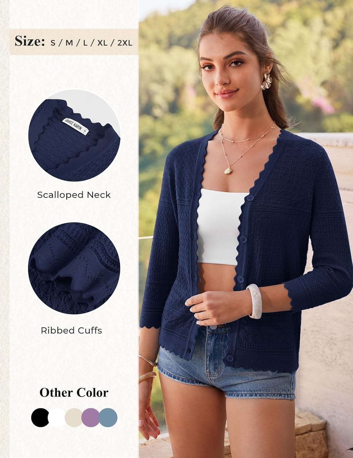 imageGRACE KARIN Womens 34 Sleeve Cardigan Lightweight Hollowed Crochet Shrug Trendy Summer Sweaters for Casual VacationNavy Blue