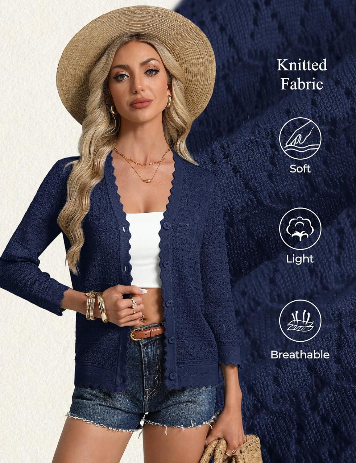 imageGRACE KARIN Womens 34 Sleeve Cardigan Lightweight Hollowed Crochet Shrug Trendy Summer Sweaters for Casual VacationNavy Blue